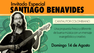 Santiago Benavides, un cantautor colombiano que presenta un propuesta musical cristiana, con letras urbanas, basadas en vivencia cotidianas, que se identifican con el mensaje de compasión de Jesús y cuya musica a conquistado el público en difernertres latitudes del globo