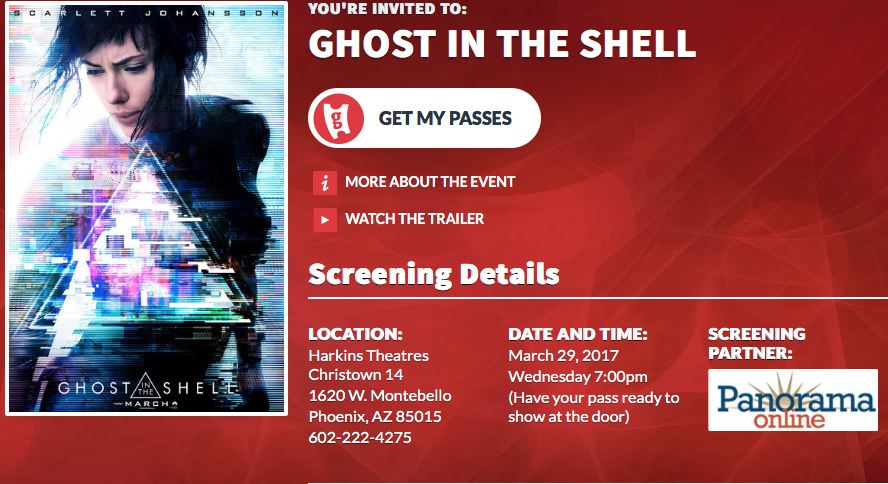 Panorama Online te invita con un acompañante al avance especial de “Ghost In The Shell” en Phoenix