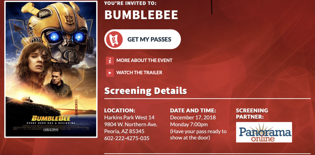 Panorama Online te invita a la premier exclusiva en Phoenix de la cinta Bumblebee