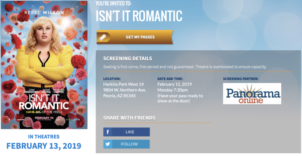 Panorama Online te invita a la premier en Phoenix de “Isn’t It Romantic”